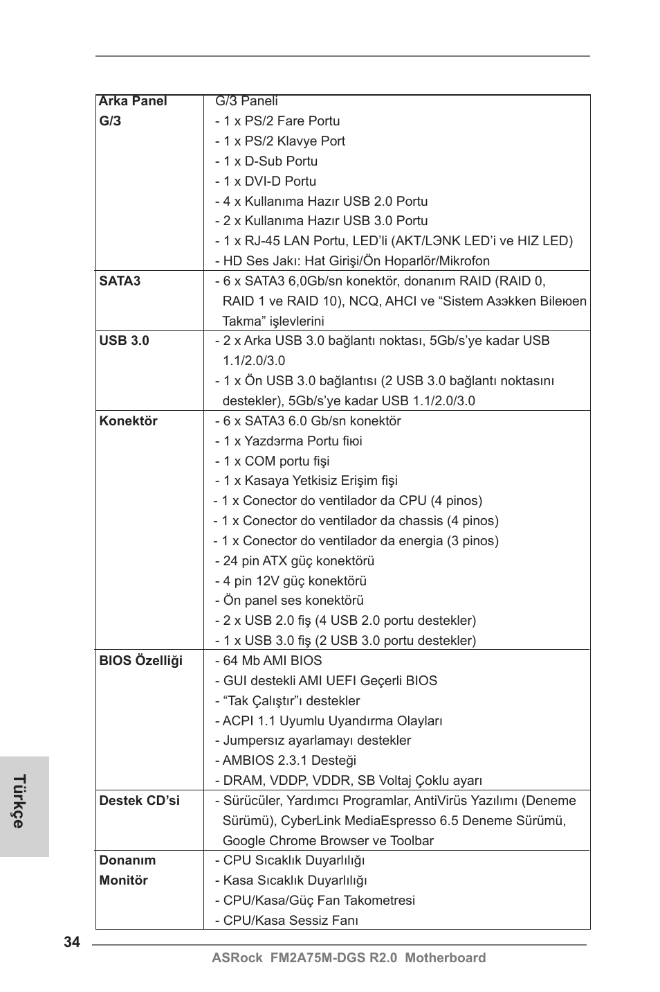 Türkçe | ASRock FM2A75M-DGS R2.0 User Manual | Page 34 / 59