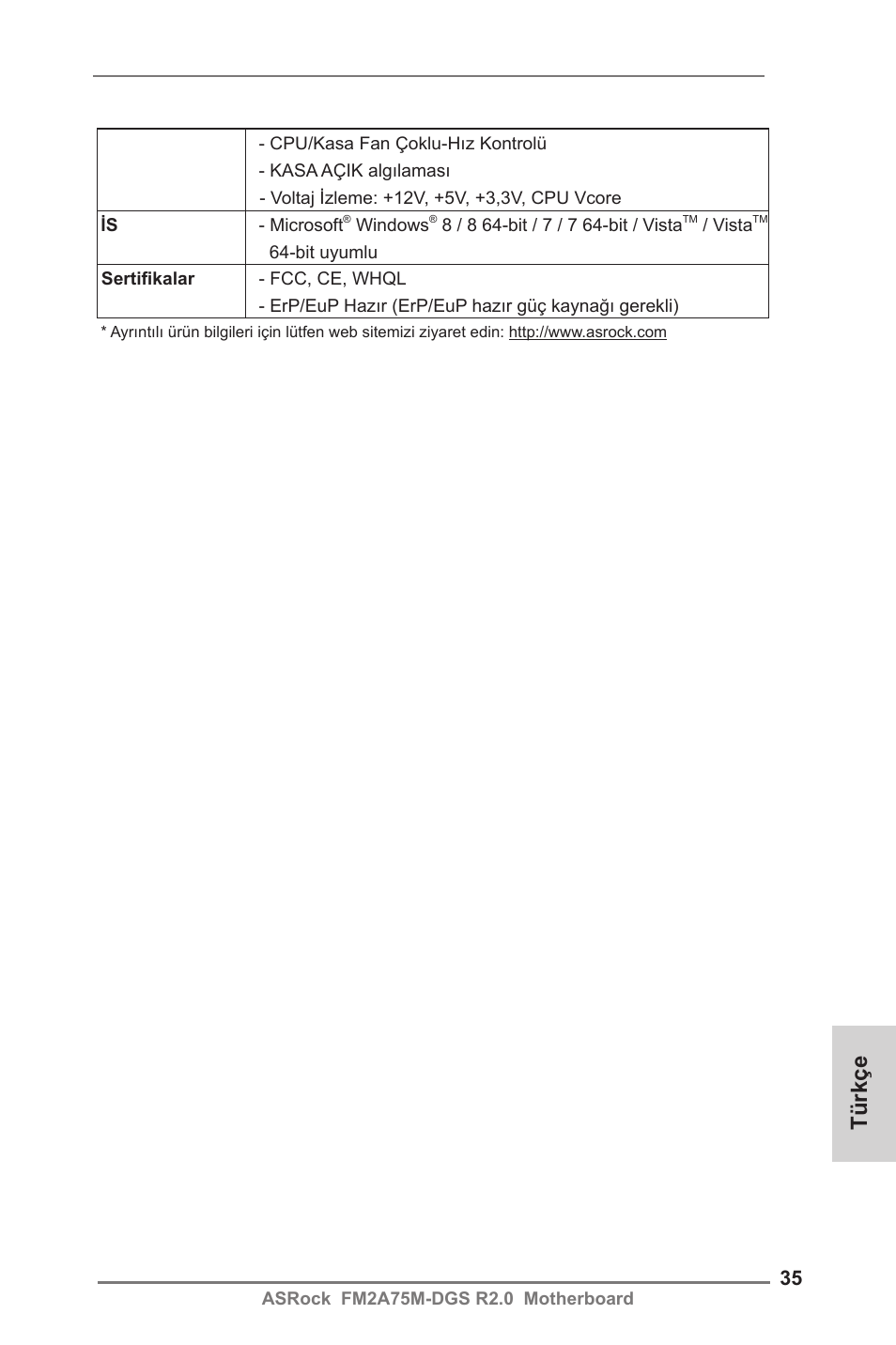 Türkçe | ASRock FM2A75M-DGS R2.0 User Manual | Page 35 / 59