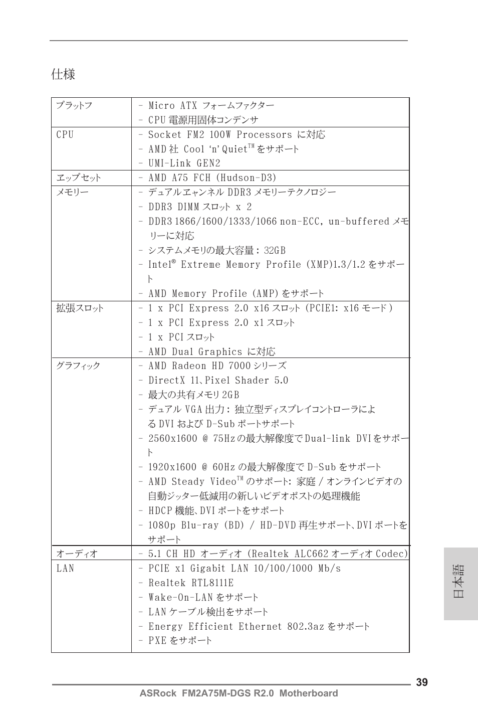 Japanese, 日本語 仕様 | ASRock FM2A75M-DGS R2.0 User Manual | Page 39 / 59