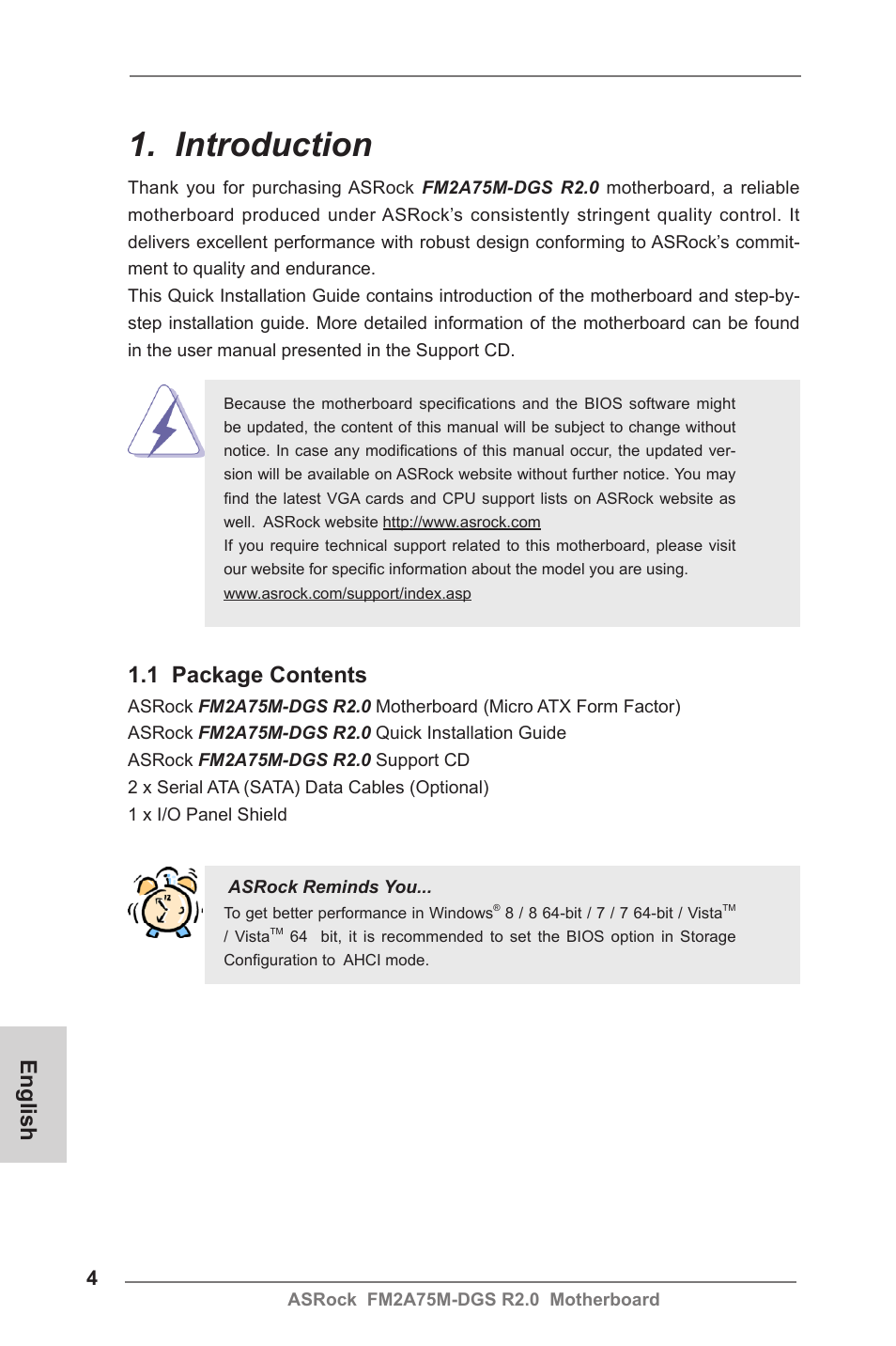 Introduction, English, 1 package contents | ASRock FM2A75M-DGS R2.0 User Manual | Page 4 / 59