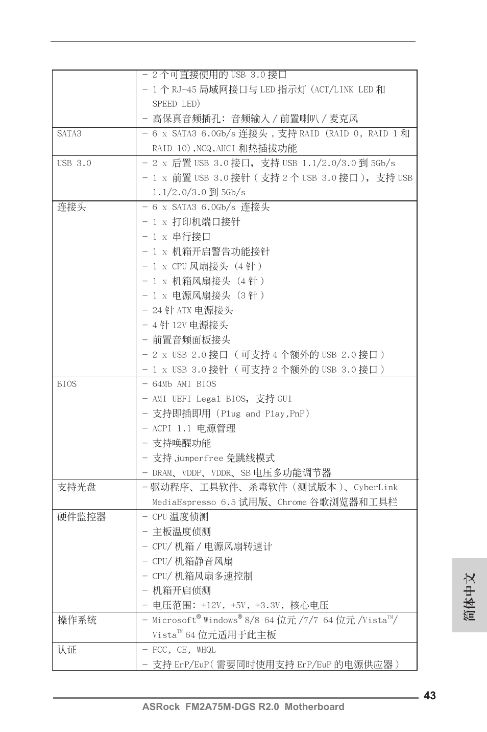 簡體中文 | ASRock FM2A75M-DGS R2.0 User Manual | Page 43 / 59