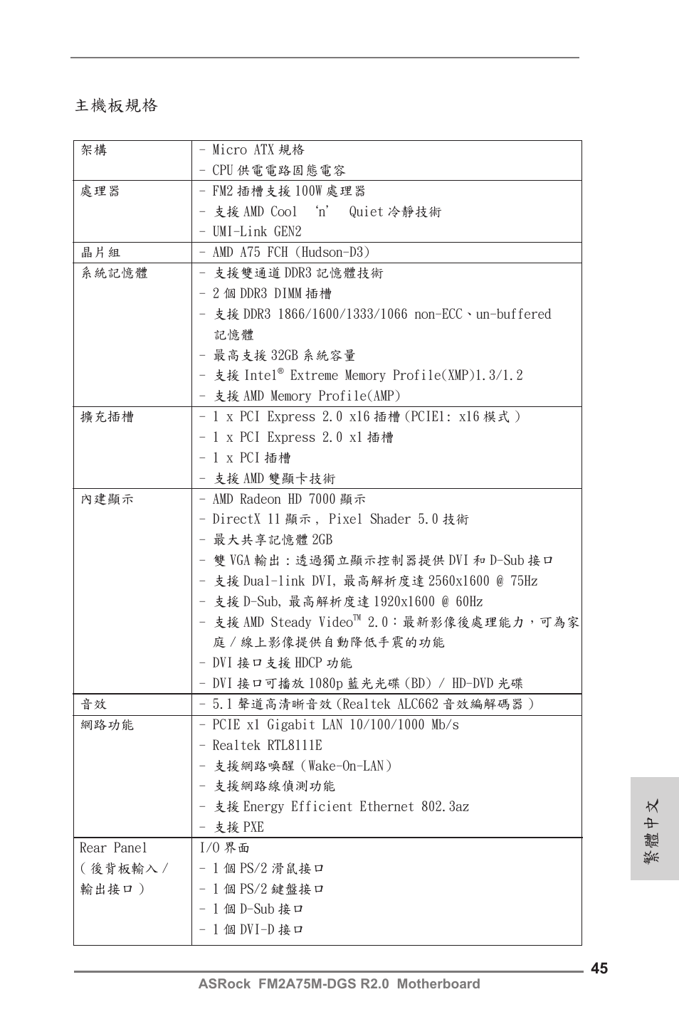 Traditional chinese, 主機板規格, 繁體中文 | ASRock FM2A75M-DGS R2.0 User Manual | Page 45 / 59