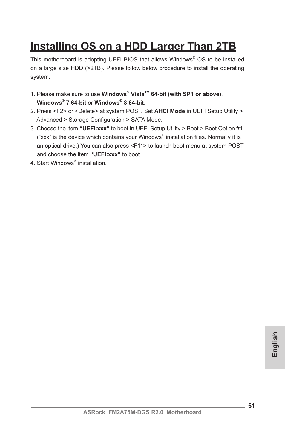 Installing os on a hdd larger than 2tb, English | ASRock FM2A75M-DGS R2.0 User Manual | Page 51 / 59