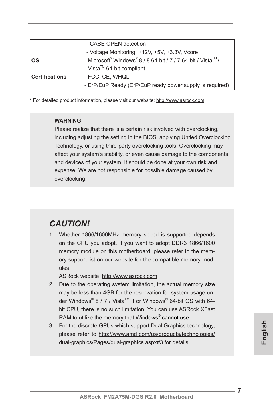 Caution, English | ASRock FM2A75M-DGS R2.0 User Manual | Page 7 / 59