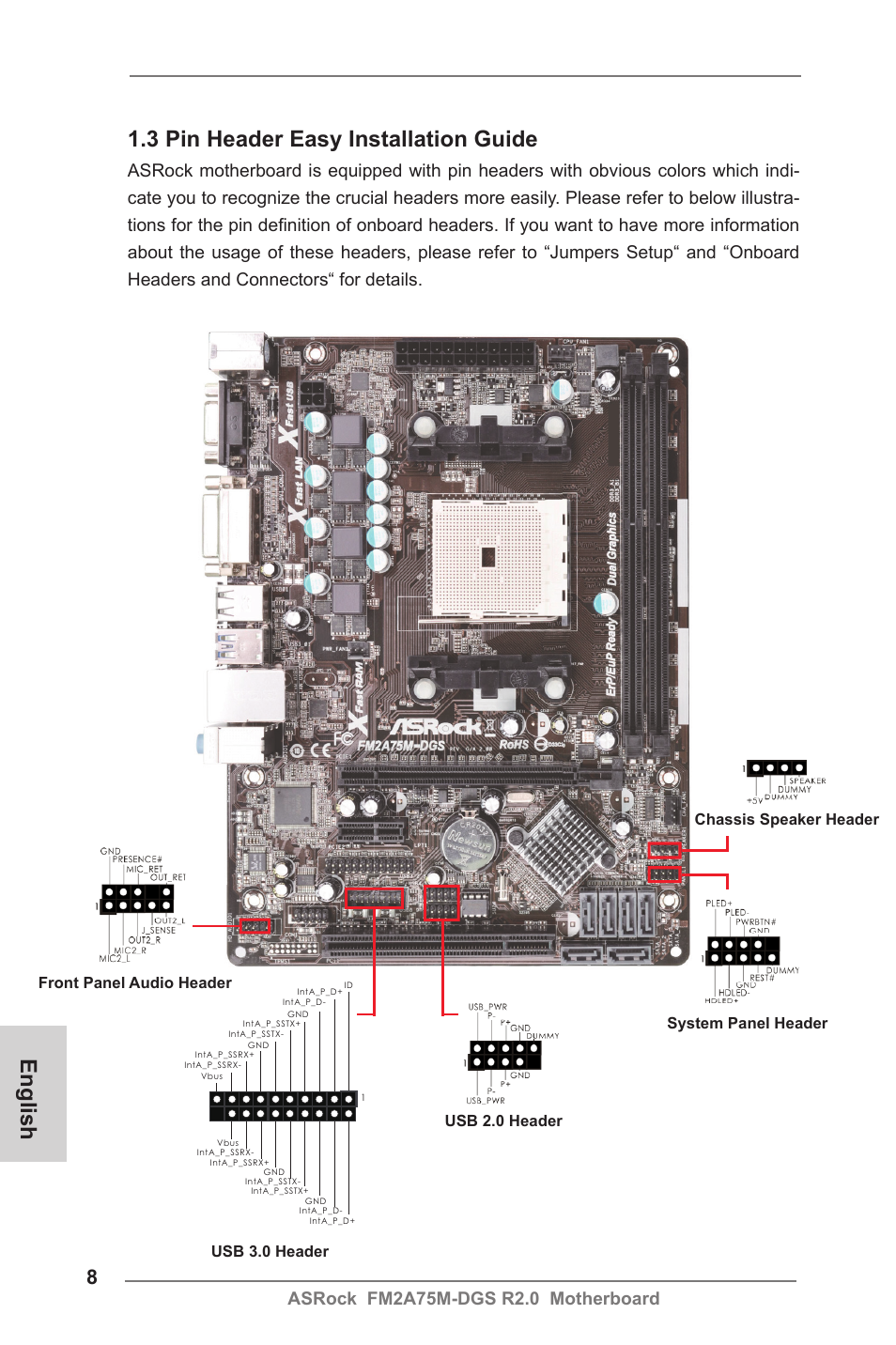 English 1.3 pin header easy installation guide | ASRock FM2A75M-DGS R2.0 User Manual | Page 8 / 59