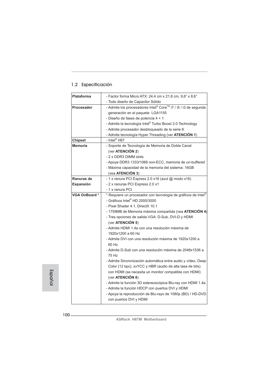 2 especificación, Español | ASRock H67M User Manual | Page 100 / 253