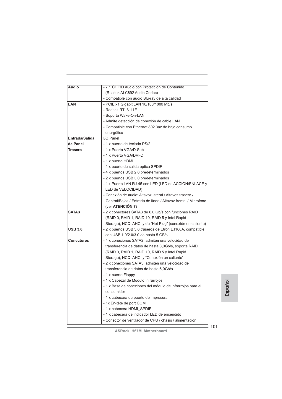 Español | ASRock H67M User Manual | Page 101 / 253
