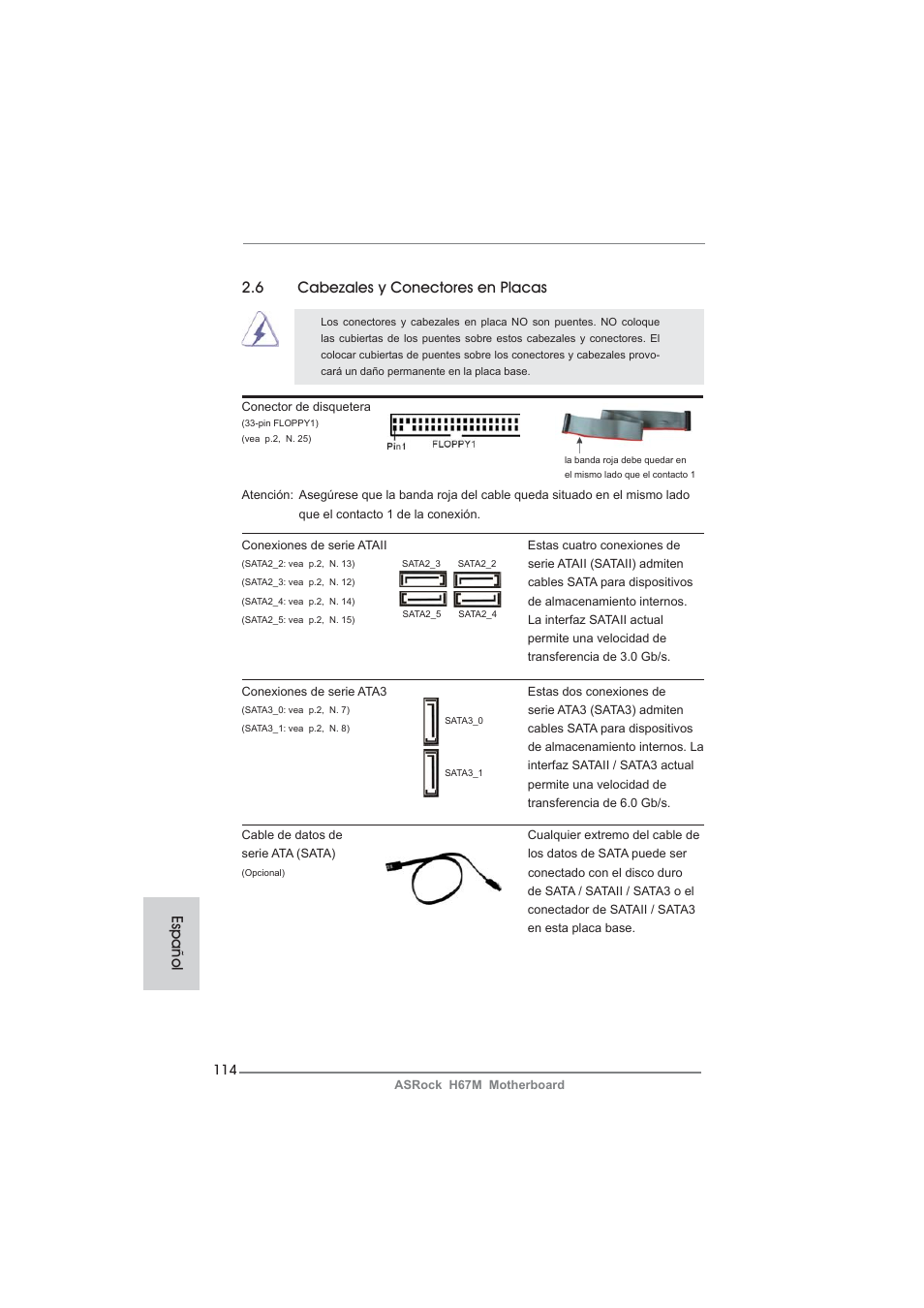 6 cabezales y conectores en placas, Español | ASRock H67M User Manual | Page 114 / 253