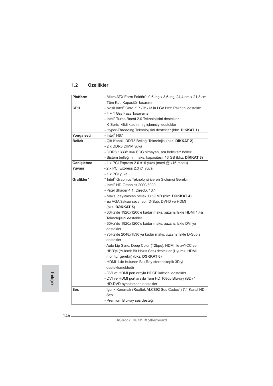2 özellikler, Türkçe | ASRock H67M User Manual | Page 146 / 253