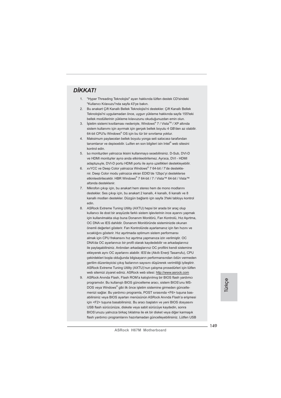 Dikkat, Türkçe | ASRock H67M User Manual | Page 149 / 253
