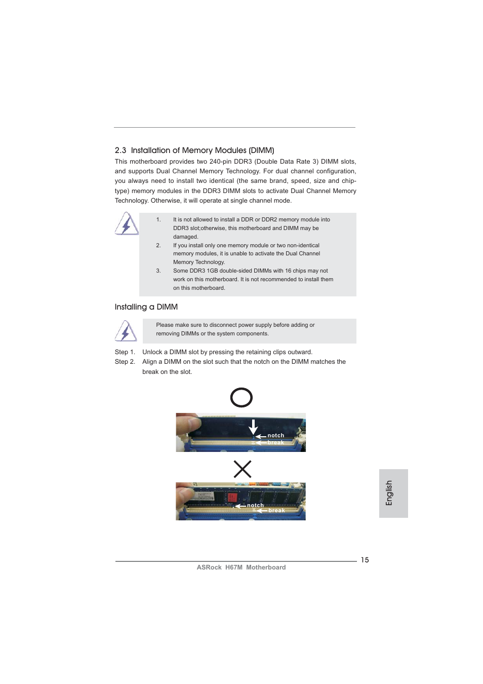 Installing a dimm | ASRock H67M User Manual | Page 15 / 253
