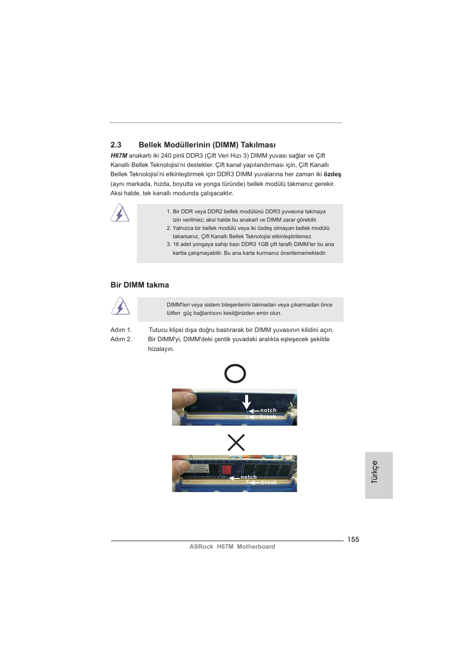 Türkçe 2.3 bellek modüllerinin (dimm) takılması, Bir dimm takma | ASRock H67M User Manual | Page 155 / 253