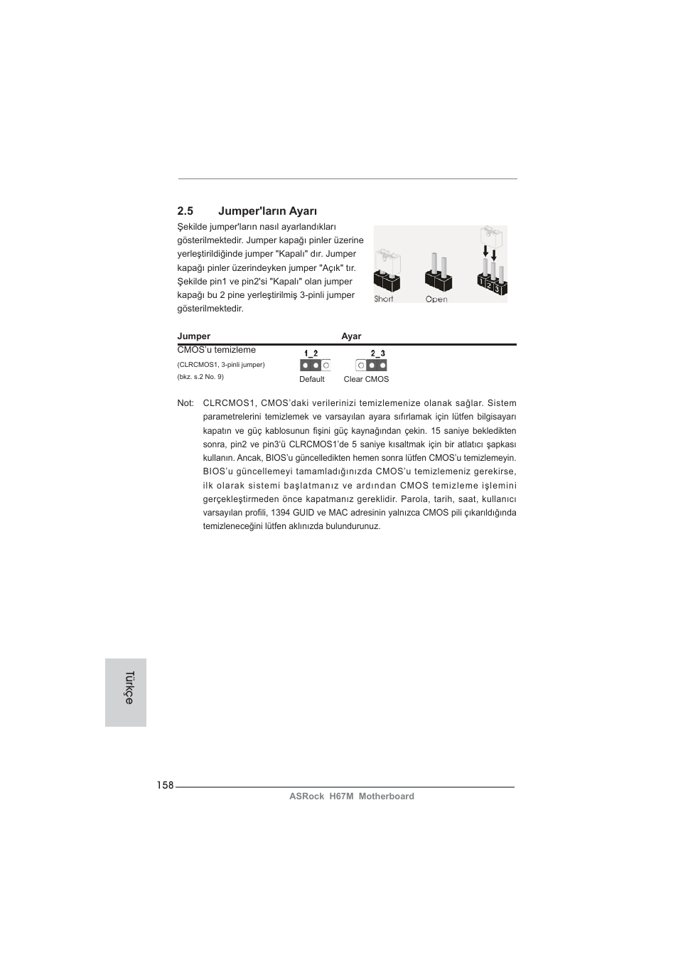 5 jumper'ların ayarı, Türkçe | ASRock H67M User Manual | Page 158 / 253