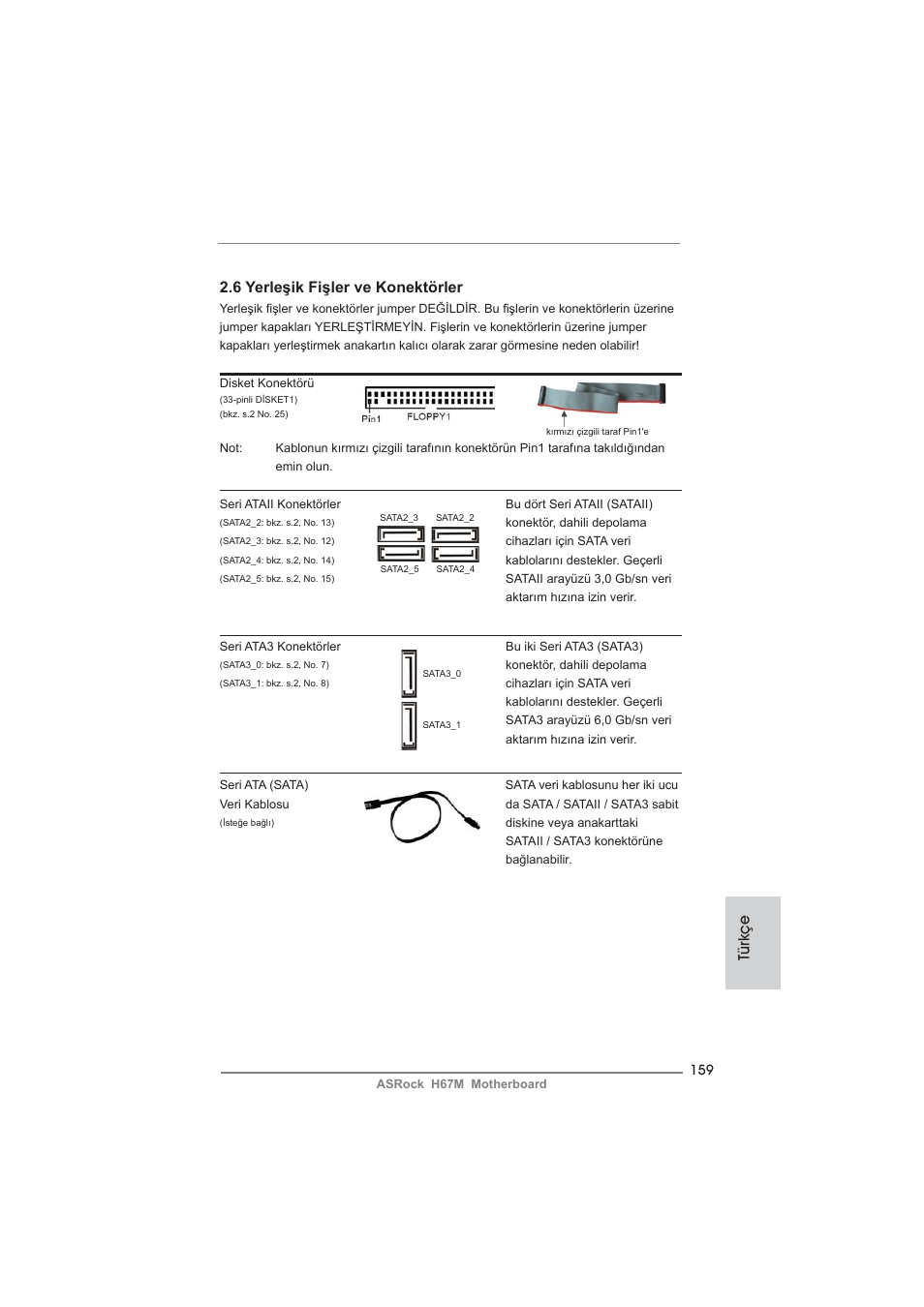 Türkçe 2.6 yerleşik fişler ve konektörler | ASRock H67M User Manual | Page 159 / 253