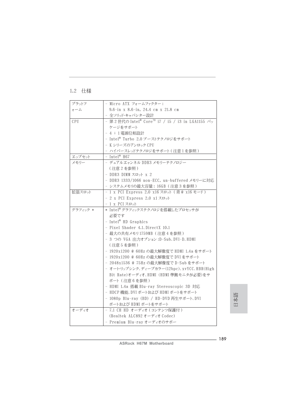 日本語 1.2 仕様 | ASRock H67M User Manual | Page 189 / 253