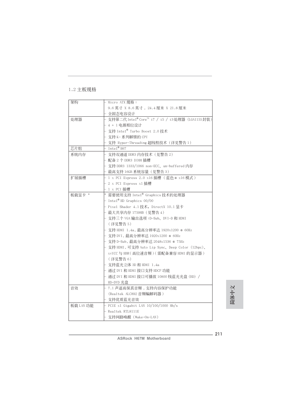 簡體中文 1.2 主板規格 | ASRock H67M User Manual | Page 211 / 253