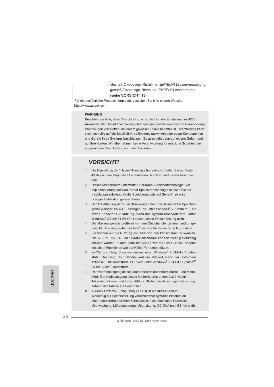 Vorsicht, Deutsch | ASRock H67M User Manual | Page 34 / 253