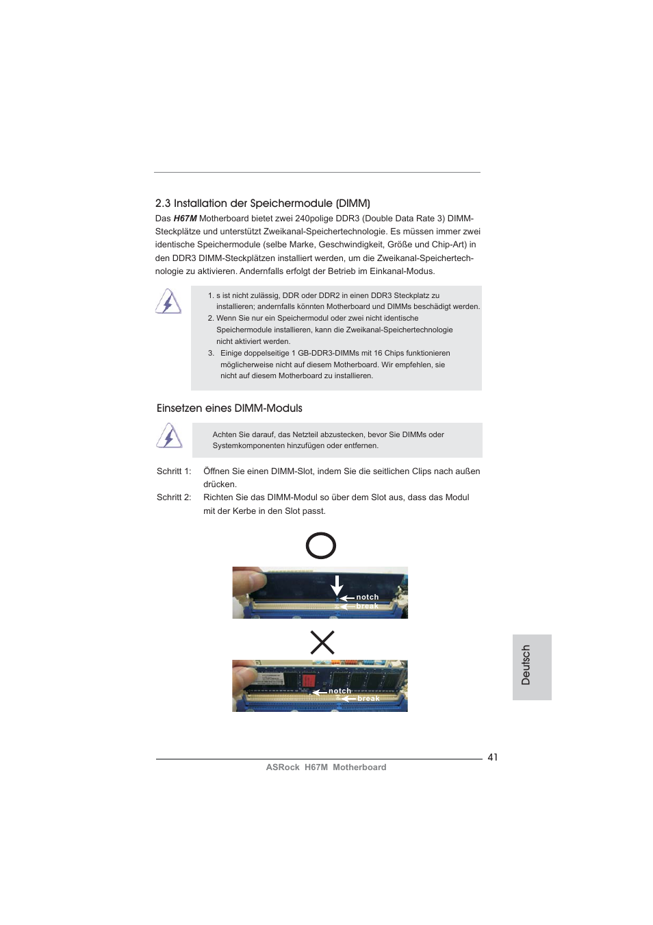Deutsch 2.3 installation der speichermodule (dimm), Einsetzen eines dimm-moduls | ASRock H67M User Manual | Page 41 / 253