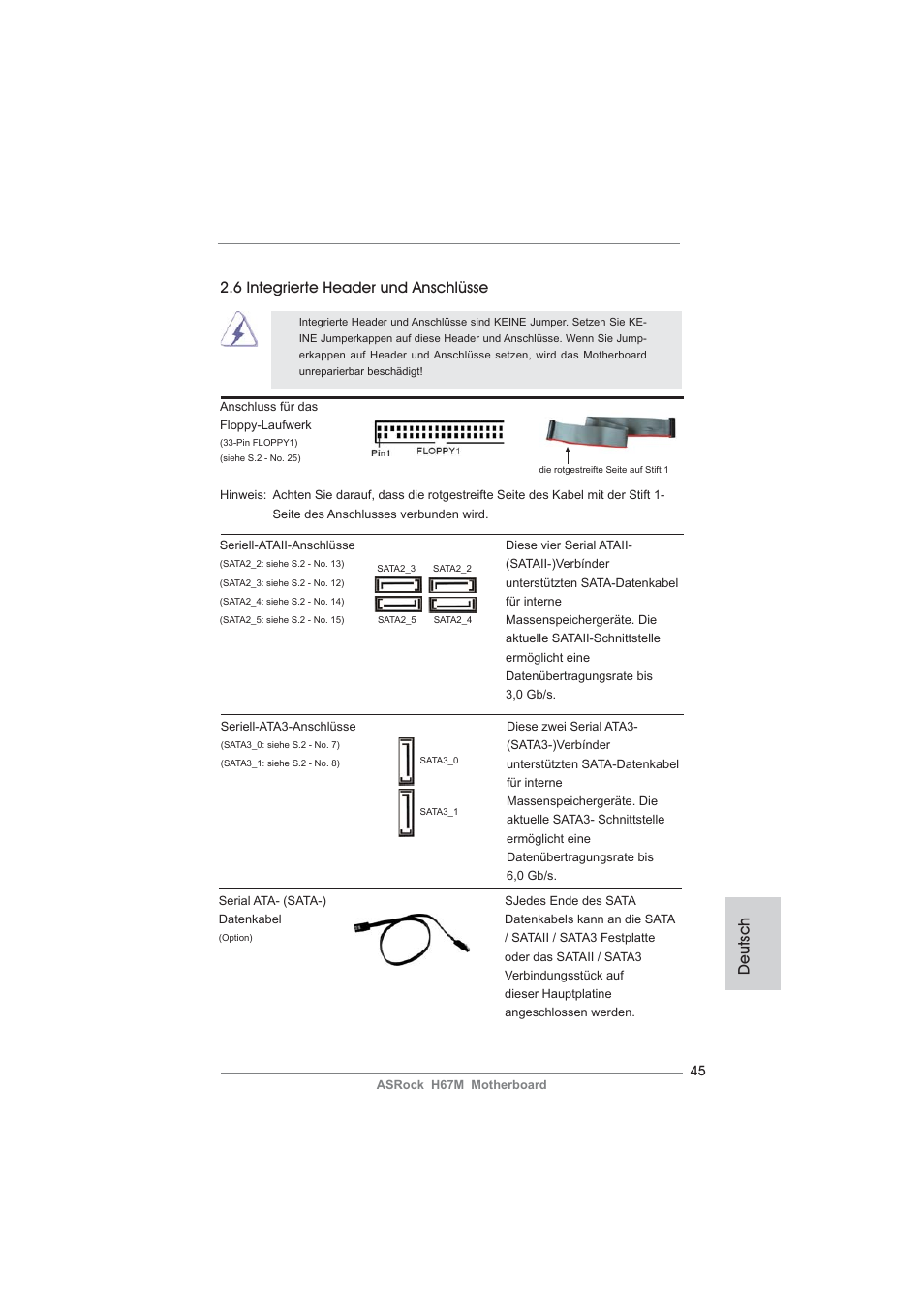 Deutsch, 6 integrierte header und anschlüsse | ASRock H67M User Manual | Page 45 / 253