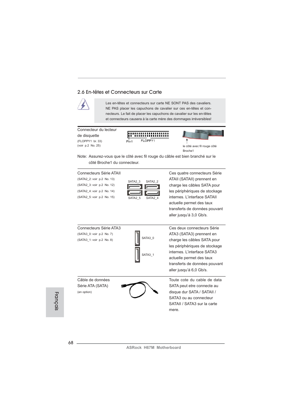 6 en-têtes et connecteurs sur carte, Français | ASRock H67M User Manual | Page 68 / 253
