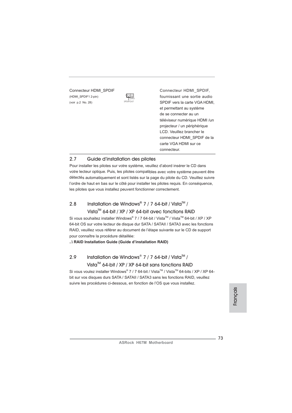 7 guide d’installation des pilotes, Français 2.9 installation de windows, 7 / 7 64-bit / vista | Vista, Bit / xp / xp 64-bit sans fonctions raid, 8 installation de windows, Bit / xp / xp 64-bit avec fonctions raid | ASRock H67M User Manual | Page 73 / 253