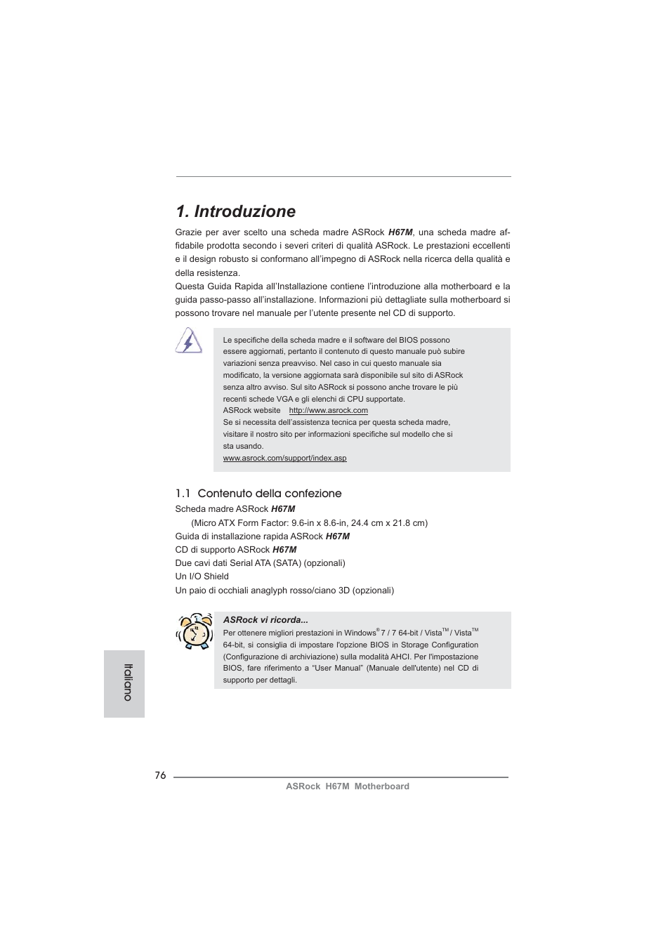Italian, Introduzione, 1 contenuto della confezione | Italiano | ASRock H67M User Manual | Page 76 / 253