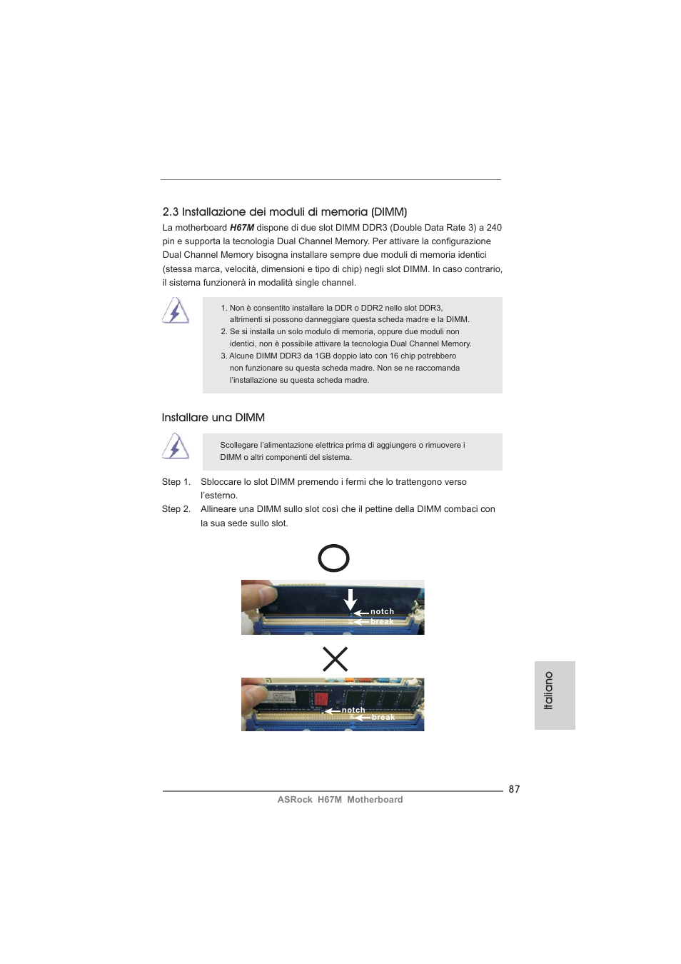 Installare una dimm | ASRock H67M User Manual | Page 87 / 253