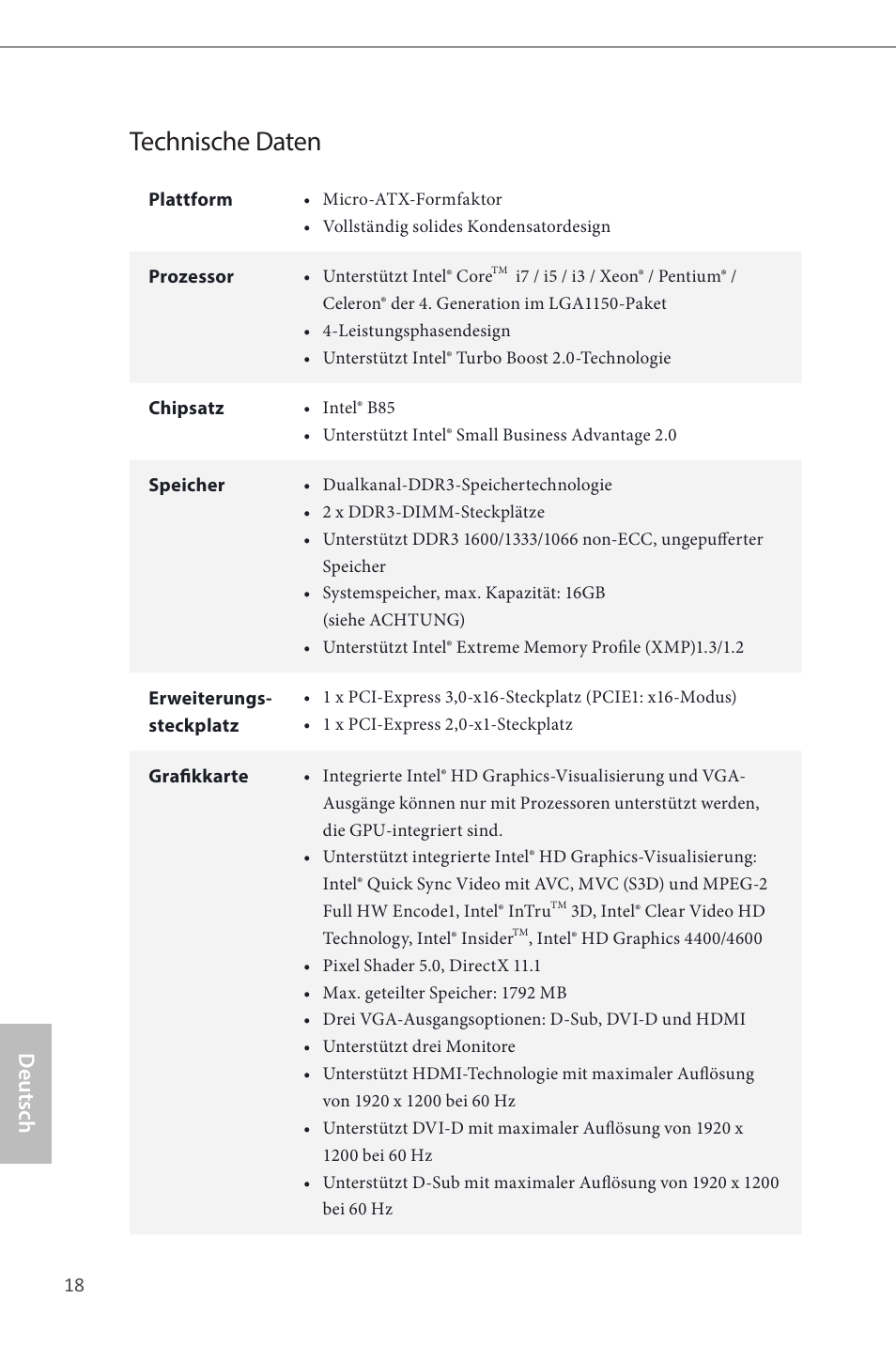 German, Technische daten, Deutsch | ASRock B85M-HDS User Manual | Page 20 / 57