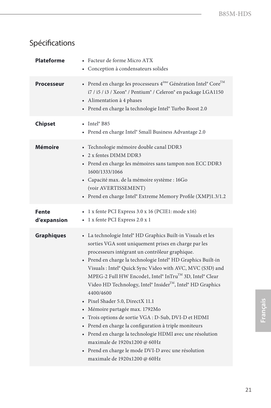 French, Spécifications, B85m-hds | Fr ançais | ASRock B85M-HDS User Manual | Page 23 / 57