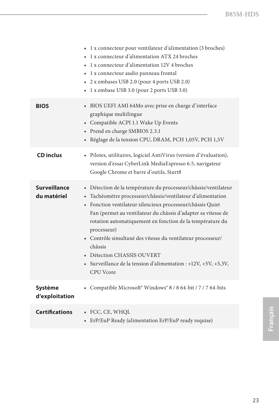 B85m-hds, Fr ançais | ASRock B85M-HDS User Manual | Page 25 / 57