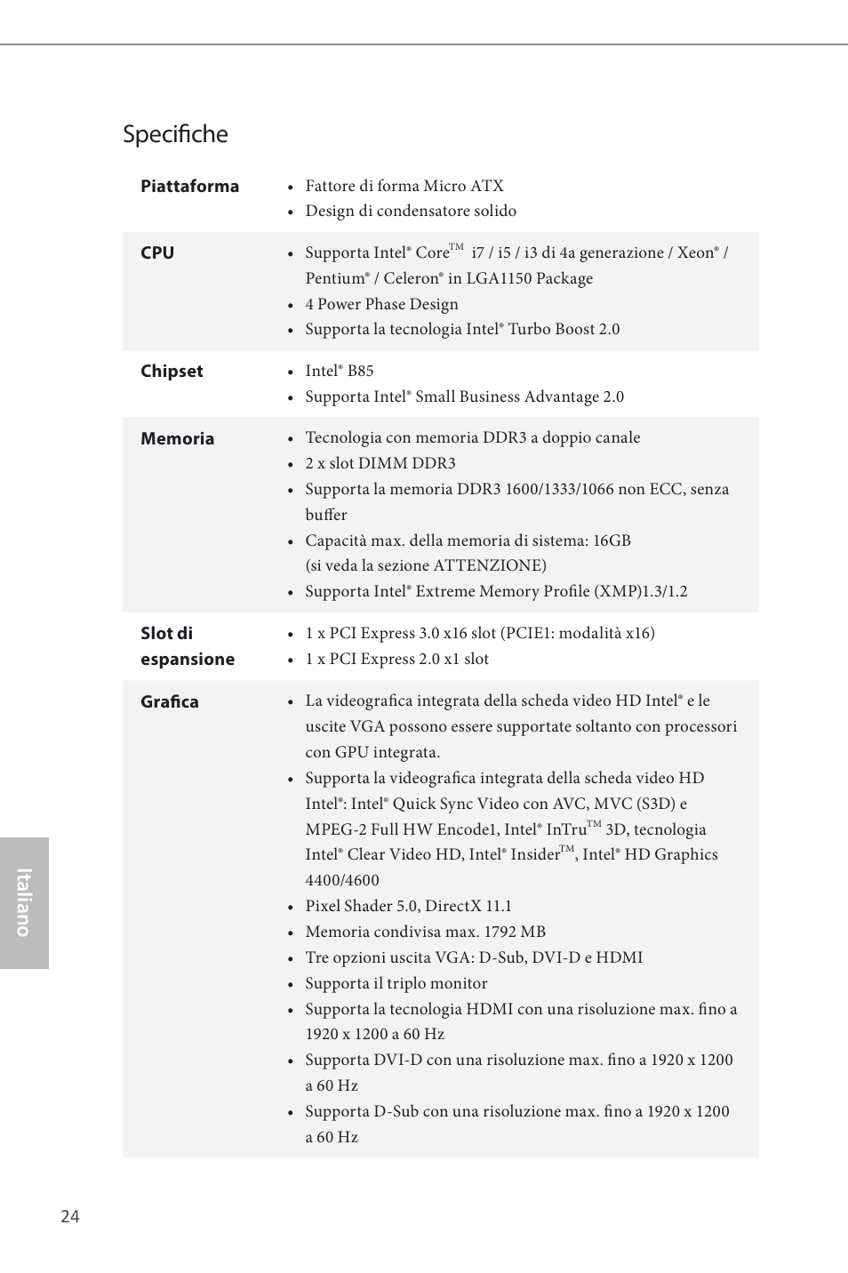 Italian, Specifiche, Italiano | ASRock B85M-HDS User Manual | Page 26 / 57