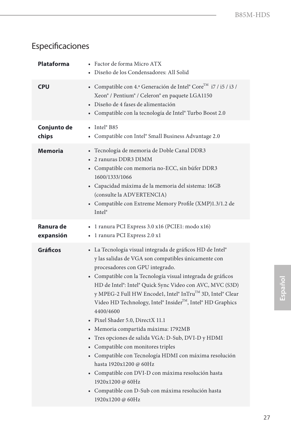 Spanish, Especificaciones, B85m-hds | Español | ASRock B85M-HDS User Manual | Page 29 / 57