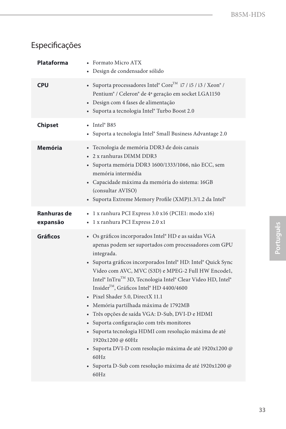 Portuguese, Especificações, B85m-hds | Por tuguês | ASRock B85M-HDS User Manual | Page 35 / 57