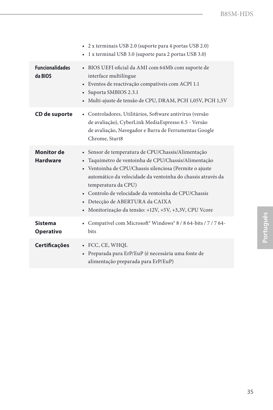 B85m-hds, Por tuguês | ASRock B85M-HDS User Manual | Page 37 / 57