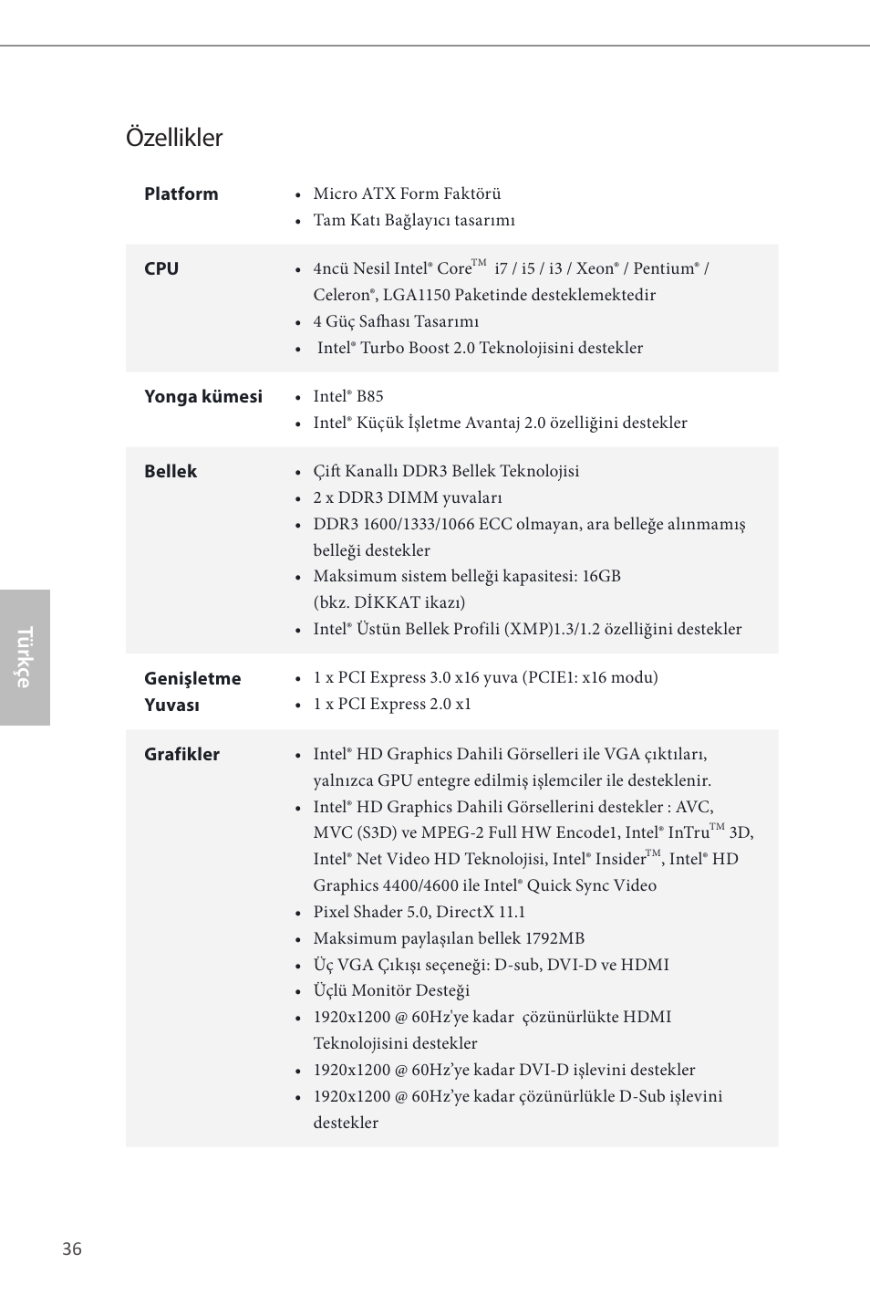 Turkish, Özellikler, Türk çe | ASRock B85M-HDS User Manual | Page 38 / 57