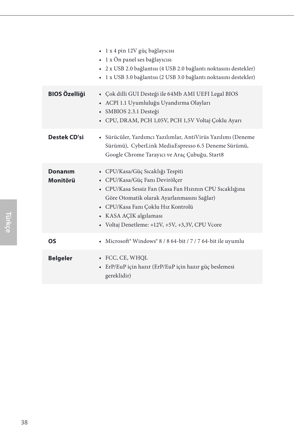 Türk çe | ASRock B85M-HDS User Manual | Page 40 / 57