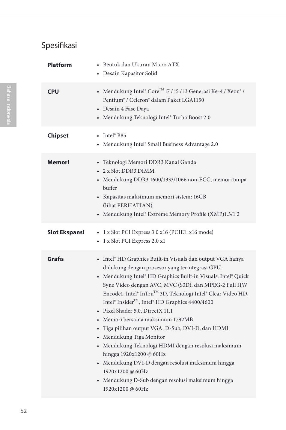 Indonesian, Spesifikasi | ASRock B85M-HDS User Manual | Page 54 / 57