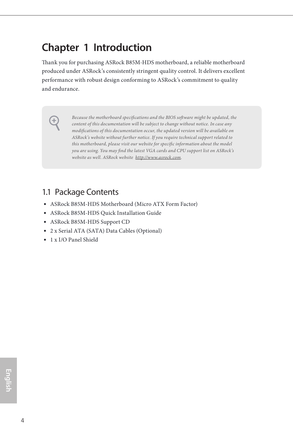 Chapter 1 introduction, 1 package contents | ASRock B85M-HDS User Manual | Page 6 / 57