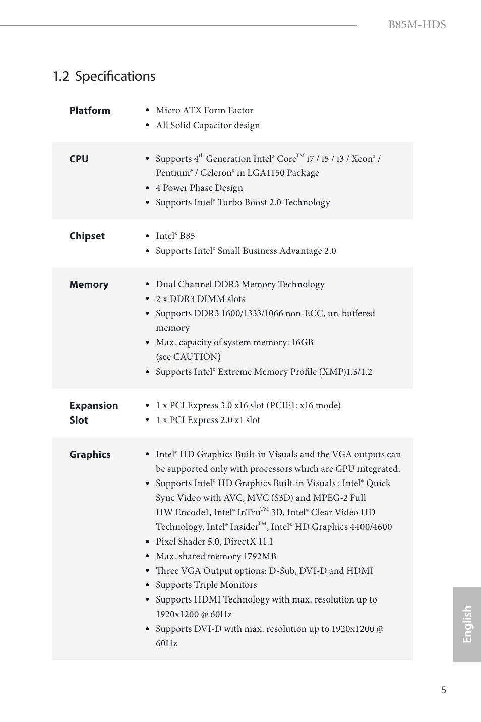2 specifications, B85m-hds, English | ASRock B85M-HDS User Manual | Page 7 / 57