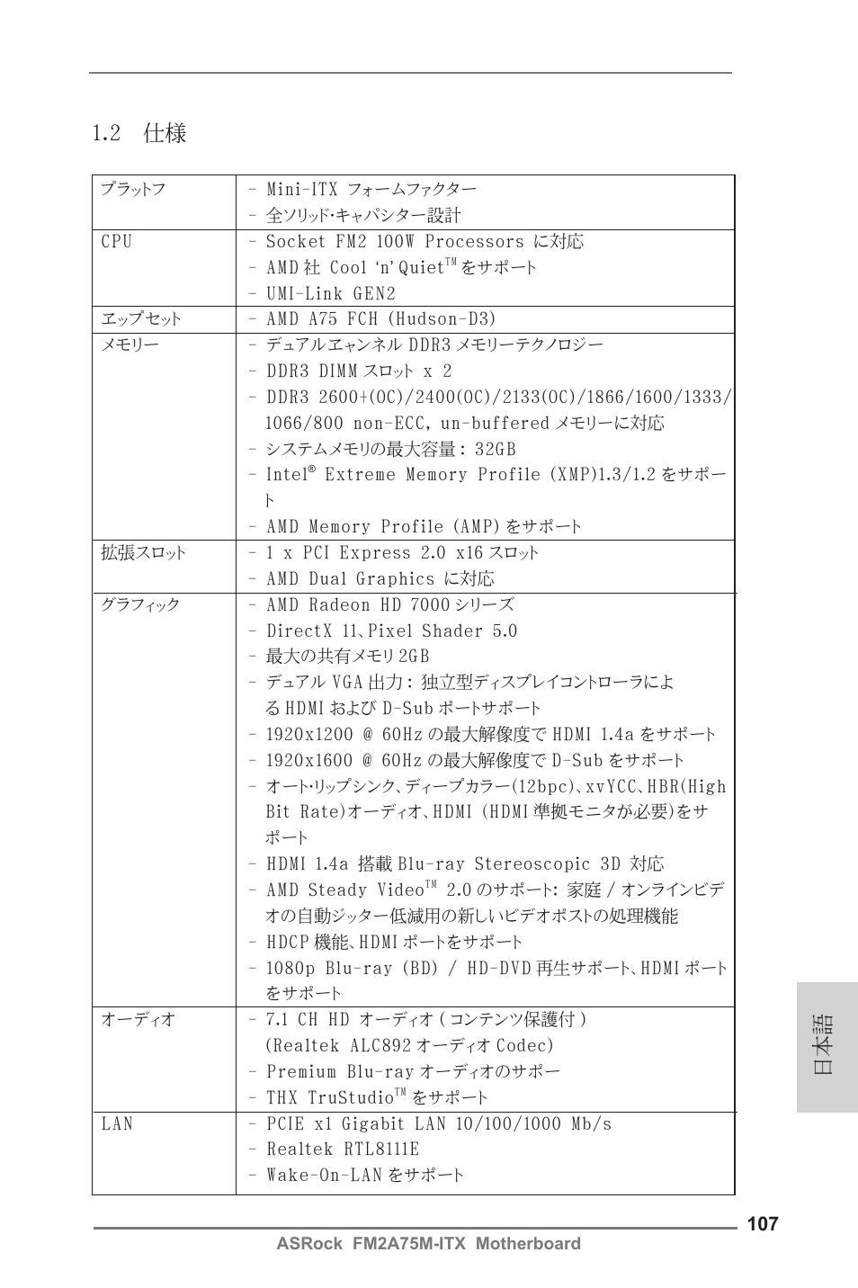 日本語 1.2 仕様 | ASRock FM2A75M-ITX User Manual | Page 107 / 146