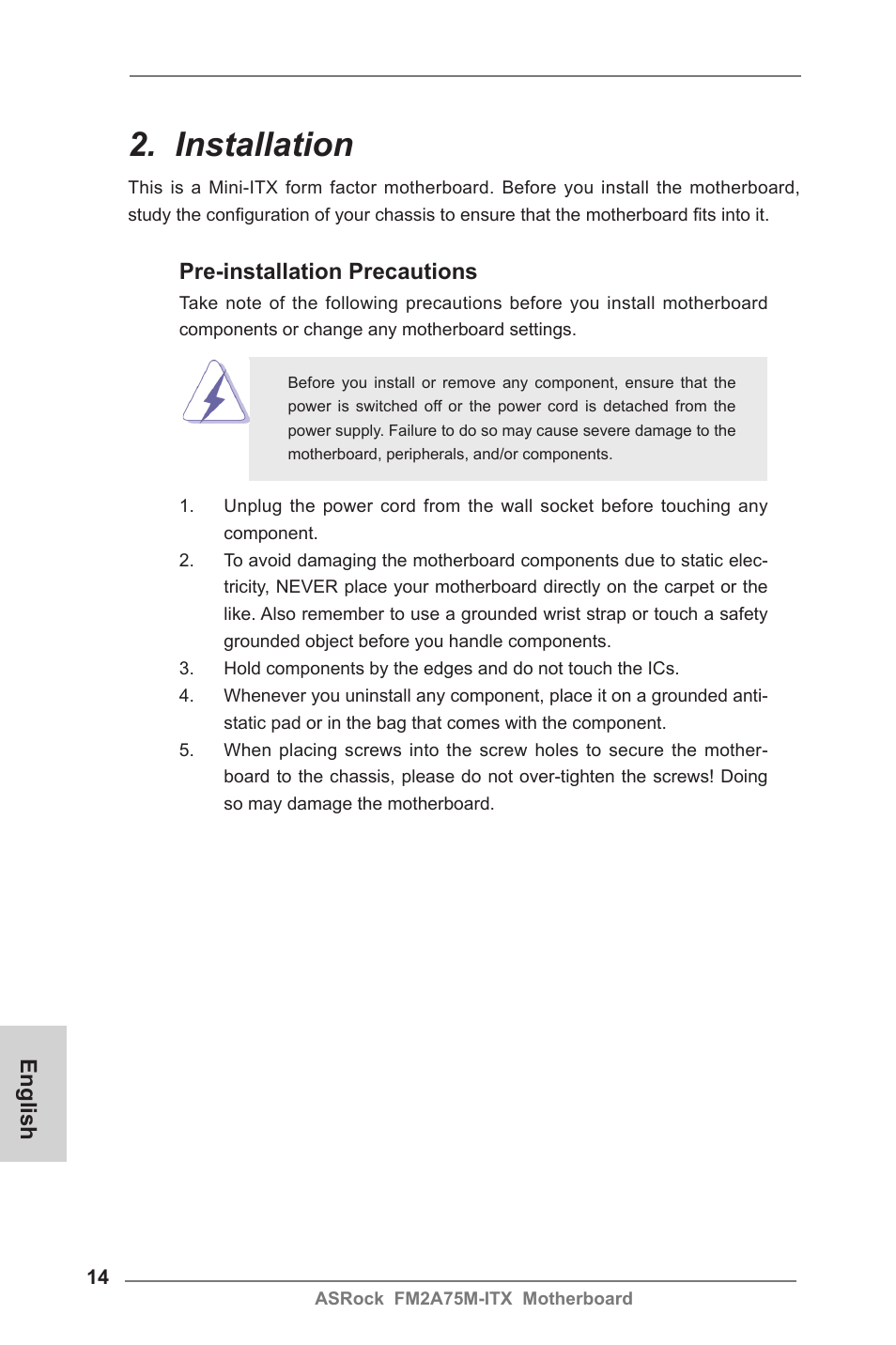 Installation, English, Pre-installation precautions | ASRock FM2A75M-ITX User Manual | Page 14 / 146