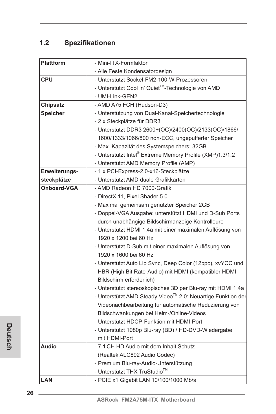 Deutsch 1.2 spezifikationen | ASRock FM2A75M-ITX User Manual | Page 26 / 146