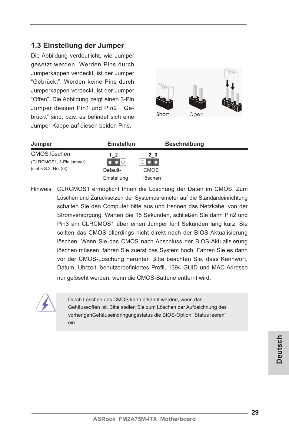 Deutsch 1.3 einstellung der jumper | ASRock FM2A75M-ITX User Manual | Page 29 / 146