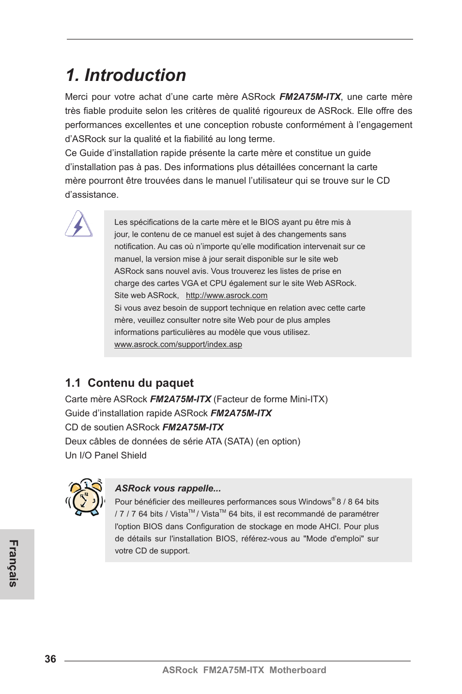 French, Introduction, 1 contenu du paquet | Français | ASRock FM2A75M-ITX User Manual | Page 36 / 146