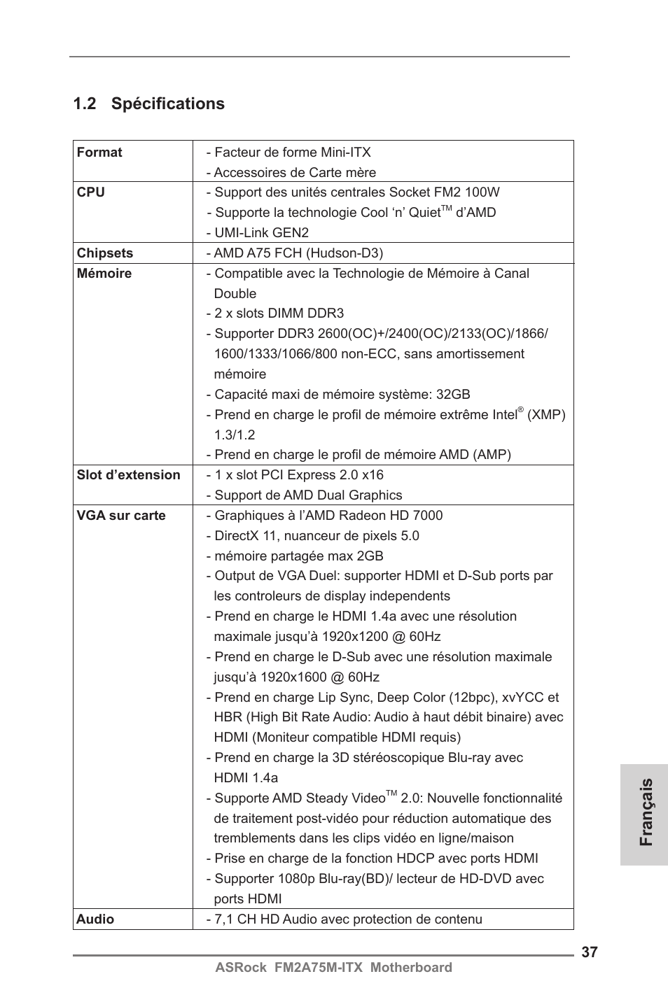 Français 1.2 spécifications | ASRock FM2A75M-ITX User Manual | Page 37 / 146