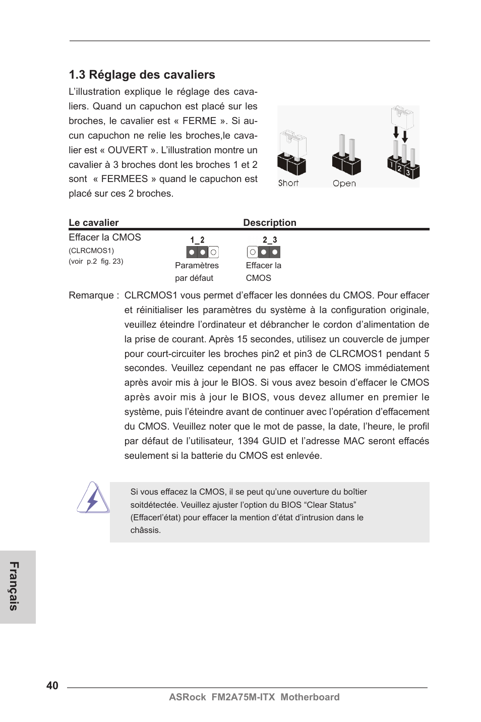 Français 1.3 réglage des cavaliers | ASRock FM2A75M-ITX User Manual | Page 40 / 146