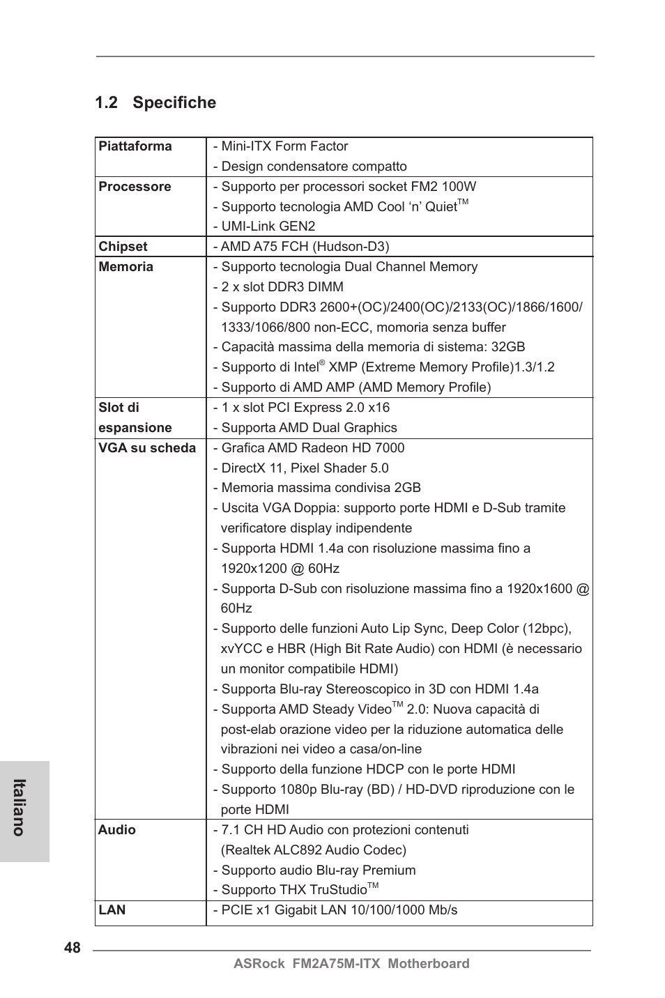 Italiano 1.2 specifiche | ASRock FM2A75M-ITX User Manual | Page 48 / 146