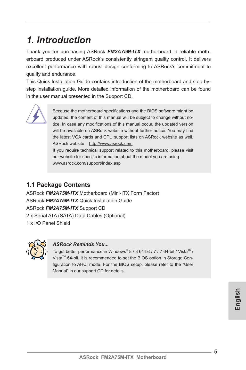Introduction, English, 1 package contents | ASRock FM2A75M-ITX User Manual | Page 5 / 146