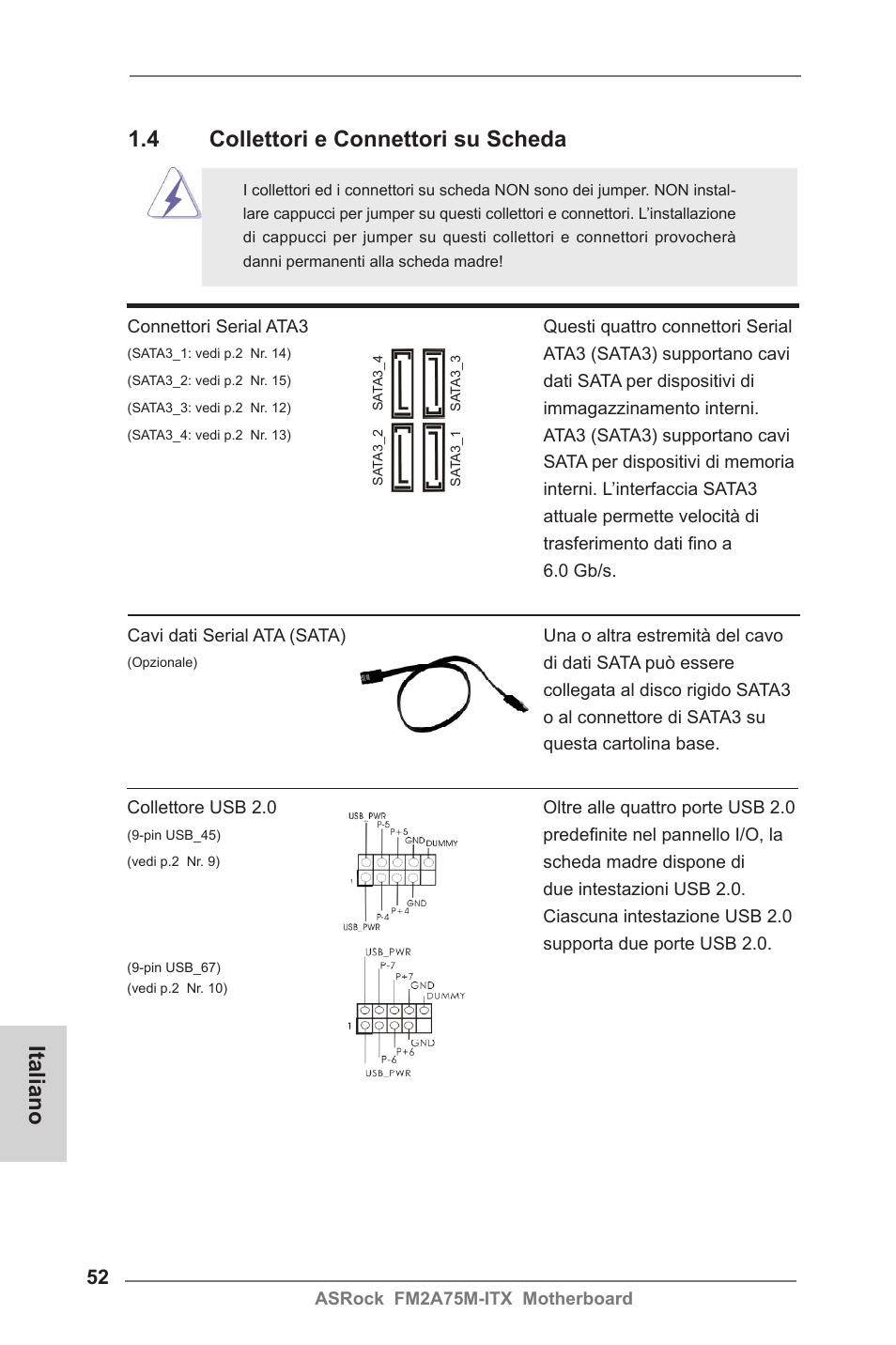 Italiano, 4 collettori e connettori su scheda | ASRock FM2A75M-ITX User Manual | Page 52 / 146