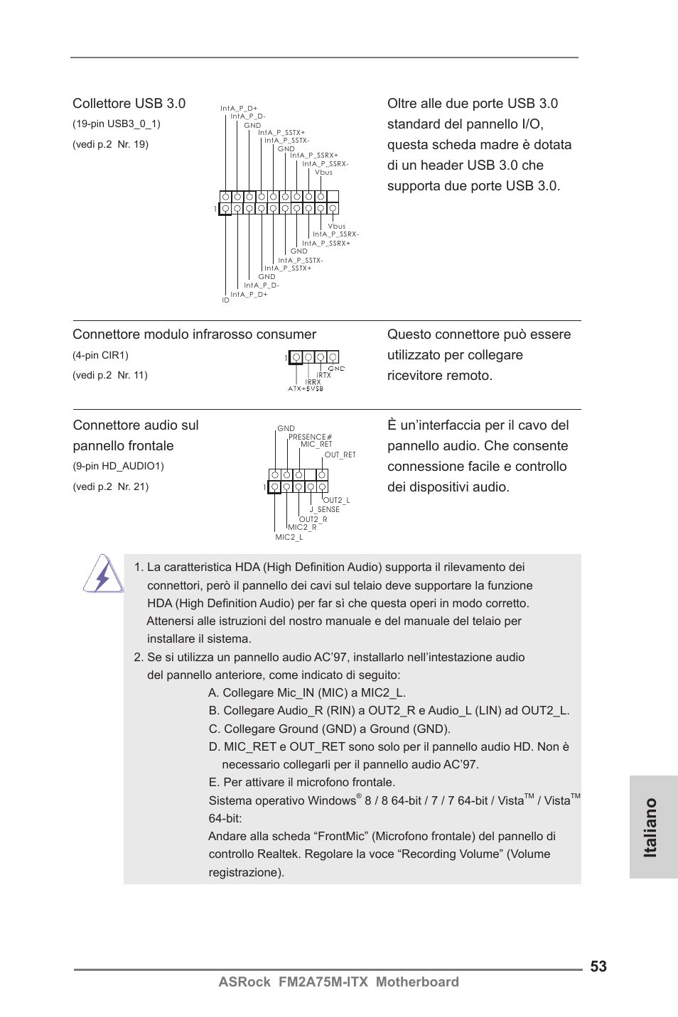 Italiano, Asrock fm2a75m-itx motherboard, Connessione facile e controllo | Dei dispositivi audio, Utilizzato per collegare, Standard del pannello i/o | ASRock FM2A75M-ITX User Manual | Page 53 / 146
